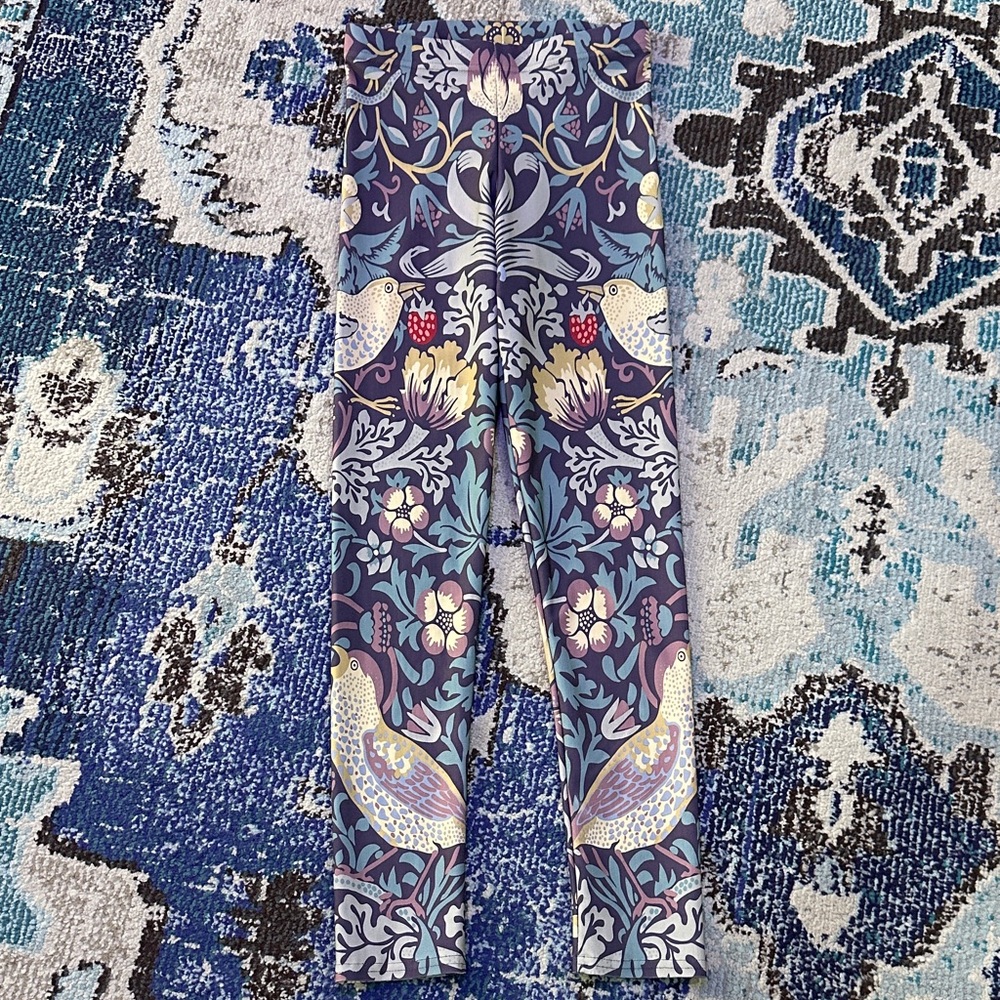 Purple Blue Floral & Bird Printed Leggings Sz S